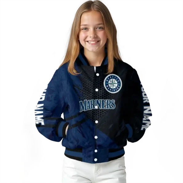 personalized seattle mariners hexagon mesh navy blue black varsity jacket top rated