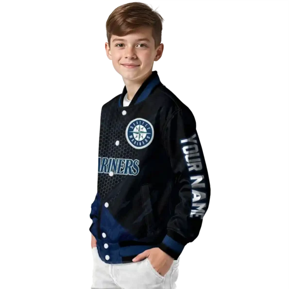 personalized seattle mariners hexagon mesh navy blue black varsity jacket trendy