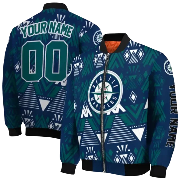 personalized seattle mariners pyramid shapes navy blue bomber jacket fashion forward