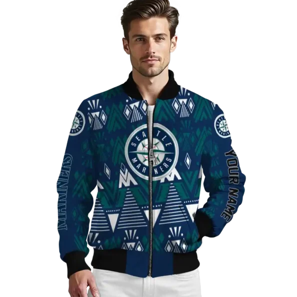 personalized seattle mariners pyramid shapes navy blue bomber jacket high quality