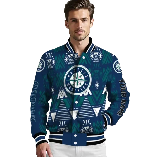 personalized seattle mariners pyramid shapes navy blue varsity jacket high quality