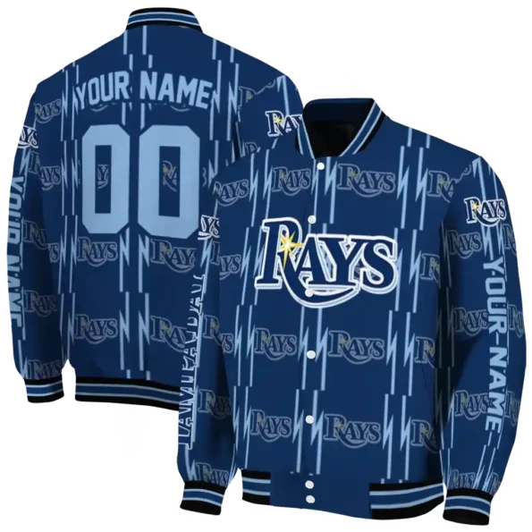 personalized tampa bay rays bolt stripe navy varsity jacket fashion forward