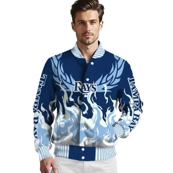 personalized tampa bay rays winged blaze navy white varsity jacket high quality