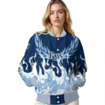personalized tampa bay rays winged blaze navy white varsity jacket best selling