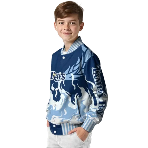 personalized tampa bay rays winged blaze navy white varsity jacket trendy