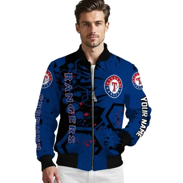 personalized texas rangers hexagon cluster blue black bomber jacket high quality