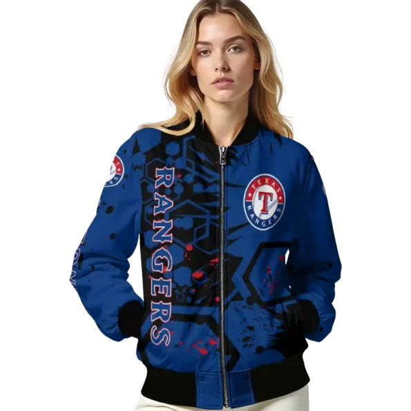 personalized texas rangers hexagon cluster blue black bomber jacket latest model