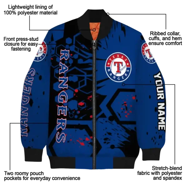 personalized texas rangers hexagon cluster blue black bomber jacket new arrival