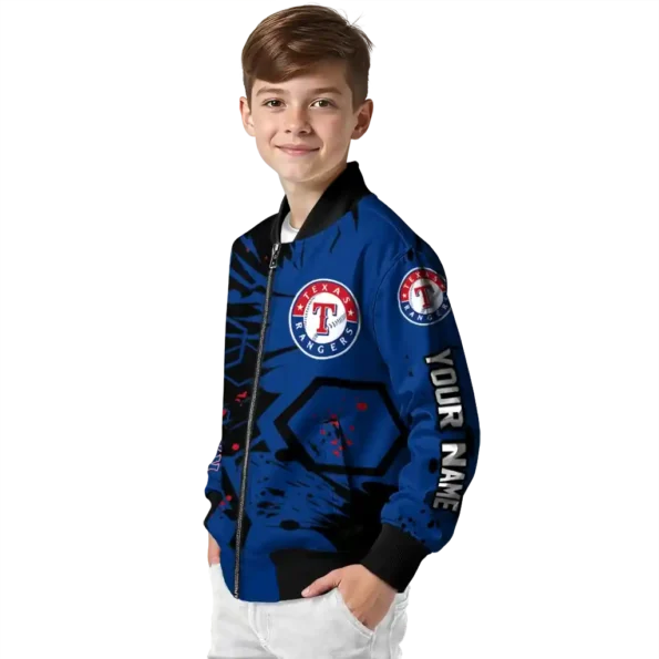 personalized texas rangers hexagon cluster blue black bomber jacket trendy