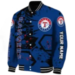 personalized texas rangers hexagon cluster blue black varsity jacket best selling