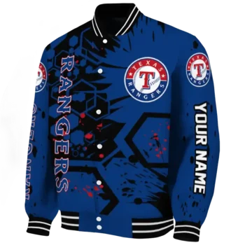 personalized texas rangers hexagon cluster blue black varsity jacket best selling