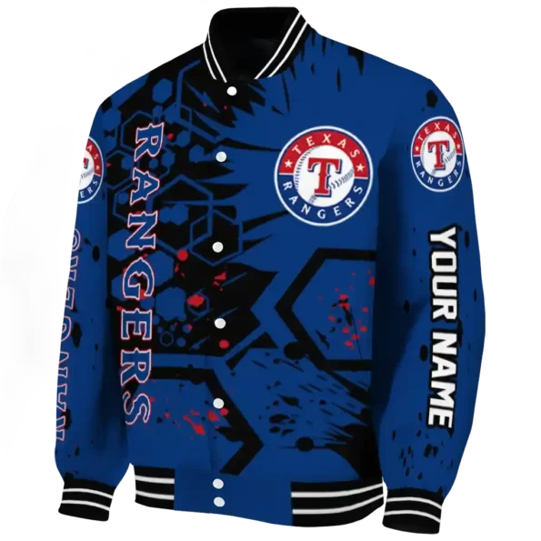 personalized texas rangers hexagon cluster blue black varsity jacket best selling