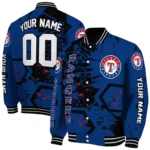 personalized texas rangers hexagon cluster blue black varsity jacket best selling