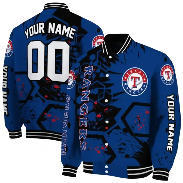 personalized texas rangers hexagon cluster blue black varsity jacket fashion forward