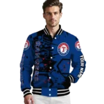 personalized texas rangers hexagon cluster blue black varsity jacket best selling
