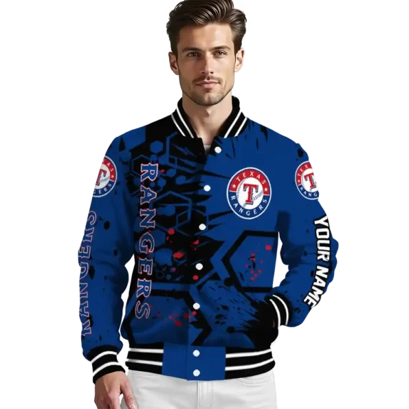 personalized texas rangers hexagon cluster blue black varsity jacket high quality