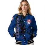 personalized texas rangers hexagon cluster blue black varsity jacket best selling
