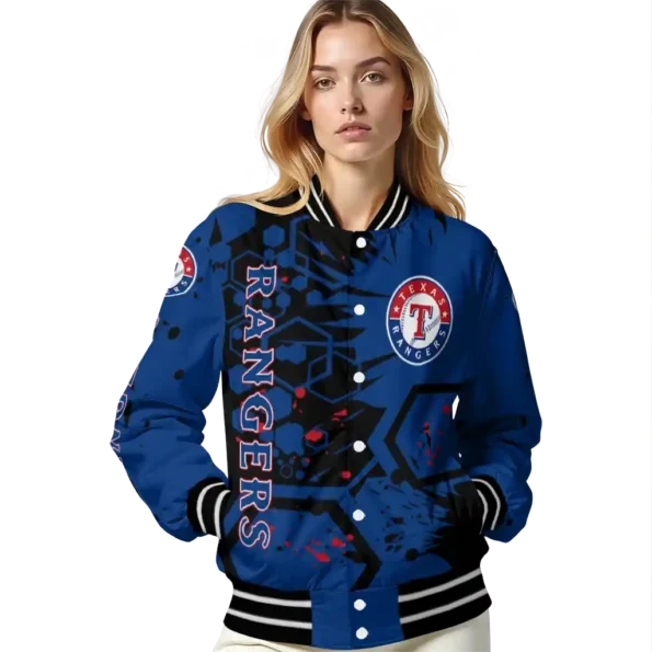 personalized texas rangers hexagon cluster blue black varsity jacket latest model