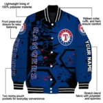 personalized texas rangers hexagon cluster blue black varsity jacket best selling