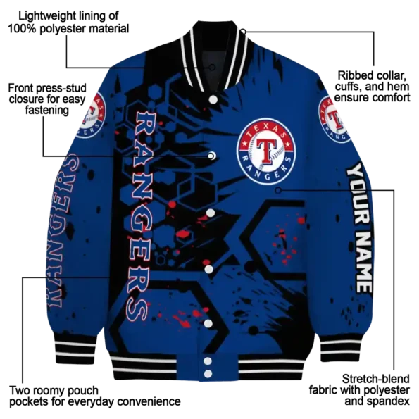 personalized texas rangers hexagon cluster blue black varsity jacket new arrival