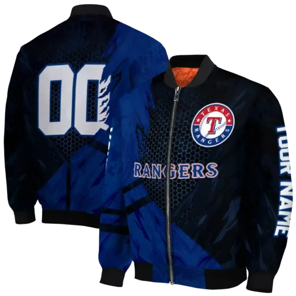 personalized texas rangers hexagon mesh blue black bomber jacket fashion forward
