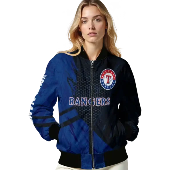 personalized texas rangers hexagon mesh blue black bomber jacket latest model