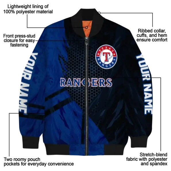 personalized texas rangers hexagon mesh blue black bomber jacket new arrival