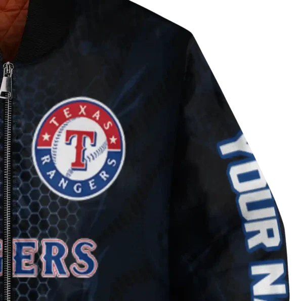 personalized texas rangers hexagon mesh blue black bomber jacket premium grade