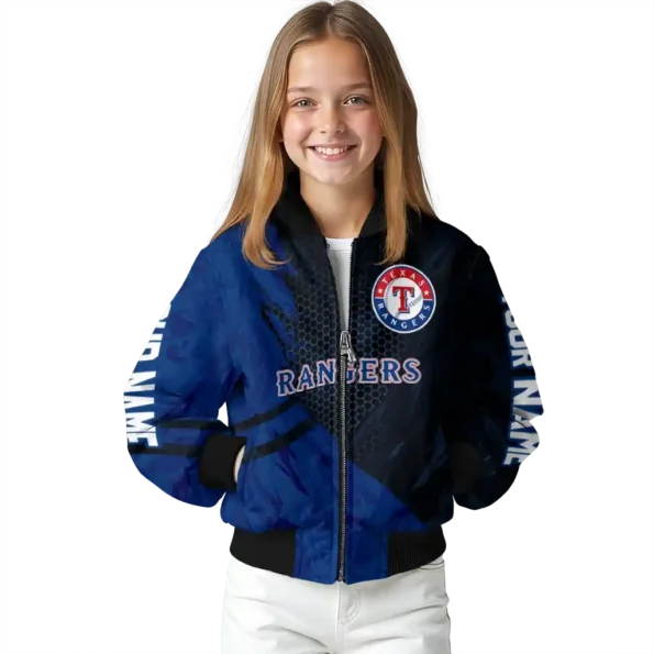 personalized texas rangers hexagon mesh blue black bomber jacket top rated