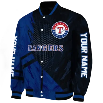 personalized texas rangers hexagon mesh blue black varsity jacket best selling