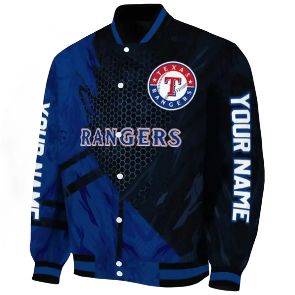 personalized texas rangers hexagon mesh blue black varsity jacket best selling