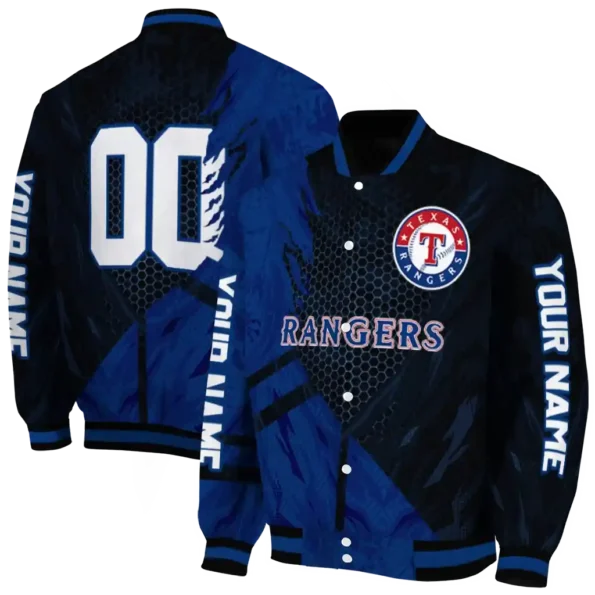 personalized texas rangers hexagon mesh blue black varsity jacket fashion forward
