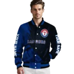 personalized texas rangers hexagon mesh blue black varsity jacket best selling