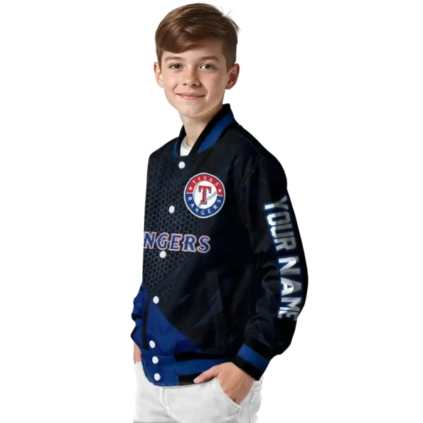 personalized texas rangers hexagon mesh blue black varsity jacket trendy