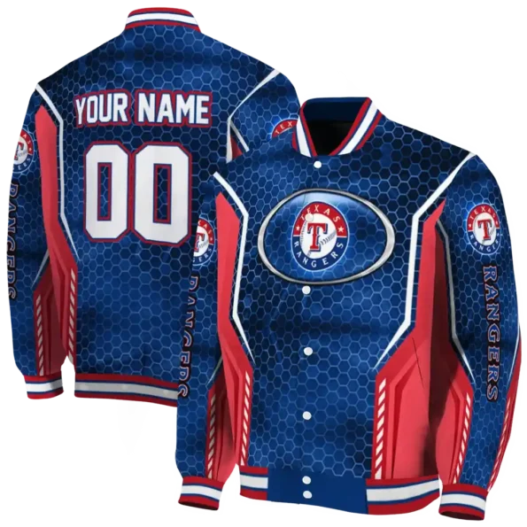 personalized texas rangers power plate blue varsity jacket fashion forward