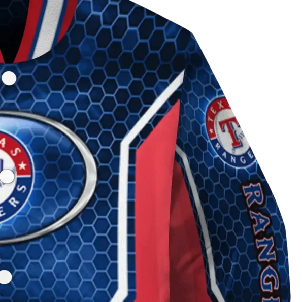 personalized texas rangers power plate blue varsity jacket premium grade