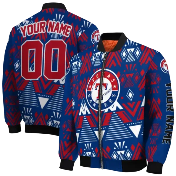 personalized texas rangers pyramid shapes blue bomber jacket fashion forward