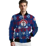 personalized texas rangers pyramid shapes blue bomber jacket best selling