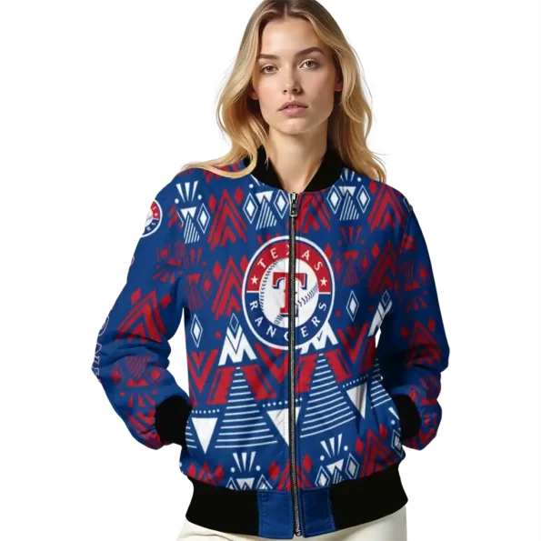 personalized texas rangers pyramid shapes blue bomber jacket latest model