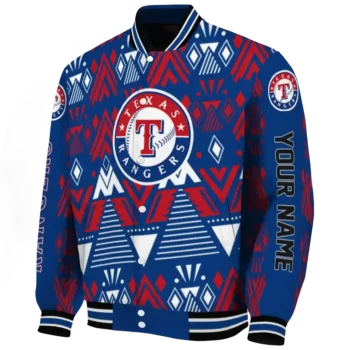 personalized texas rangers pyramid shapes blue varsity jacket best selling