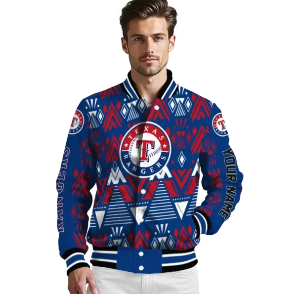 personalized texas rangers pyramid shapes blue varsity jacket high quality