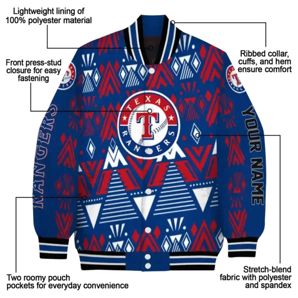 personalized texas rangers pyramid shapes blue varsity jacket new arrival