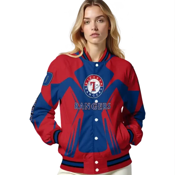 personalized texas rangers spider mark blue red crocs varsity jacket latest model