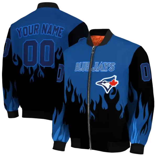 personalized toronto blue jays flame border blue black bomber jacket fashion forward