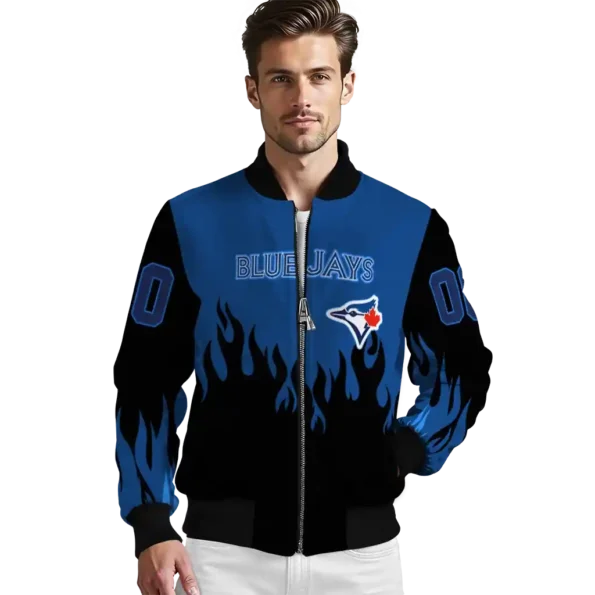 personalized toronto blue jays flame border blue black bomber jacket high quality