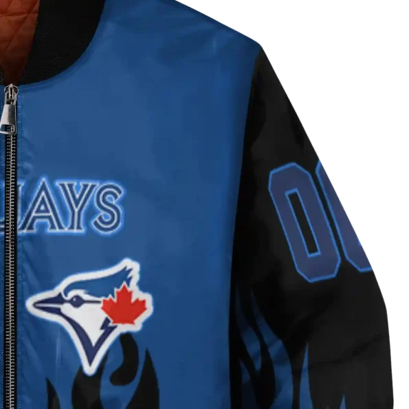 personalized toronto blue jays flame border blue black bomber jacket premium grade