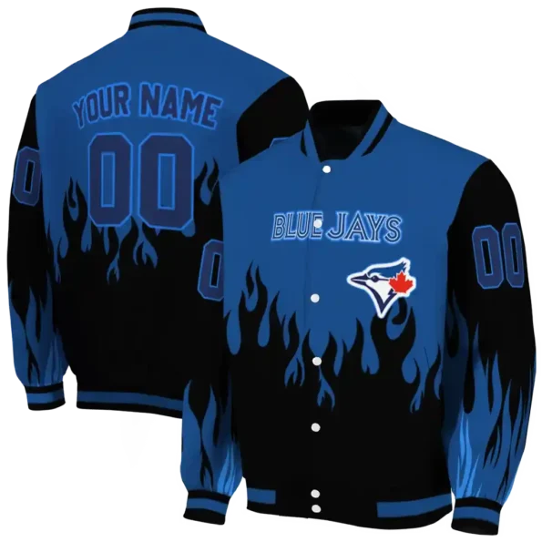 personalized toronto blue jays flame border blue black varsity jacket fashion forward