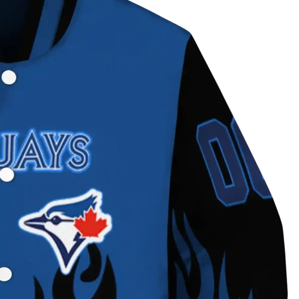 personalized toronto blue jays flame border blue black varsity jacket premium grade