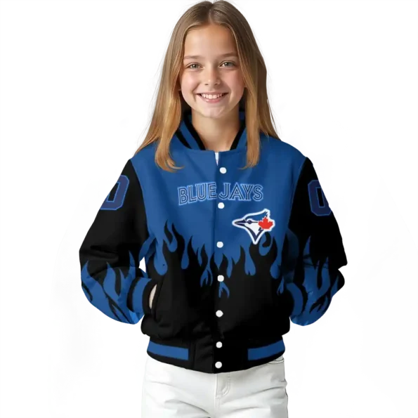 personalized toronto blue jays flame border blue black varsity jacket top rated