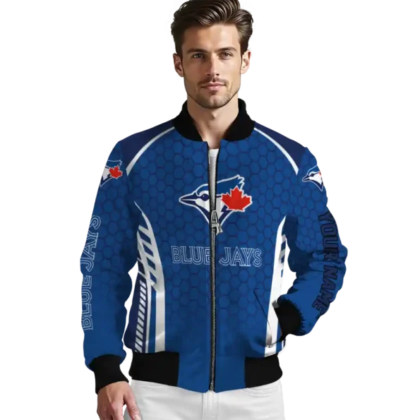 personalized toronto blue jays hexagon grid blue bomber jacket high quality